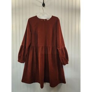 M&S Women's Copper Tan Corduroy Dress Size 14 Tall Balloon Sleeve Casual Holiday